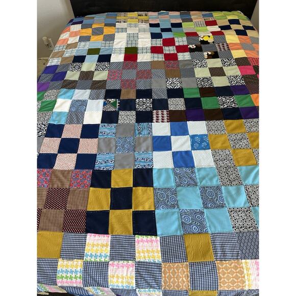 Vintage Hand Stitched Quilt Full Patchwork Square Block Polyester Masculine Read - Picture 1 of 8